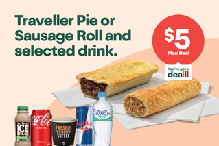 $5 Meal Deal. Traveller Pie or Sausage Roll and selected drink.